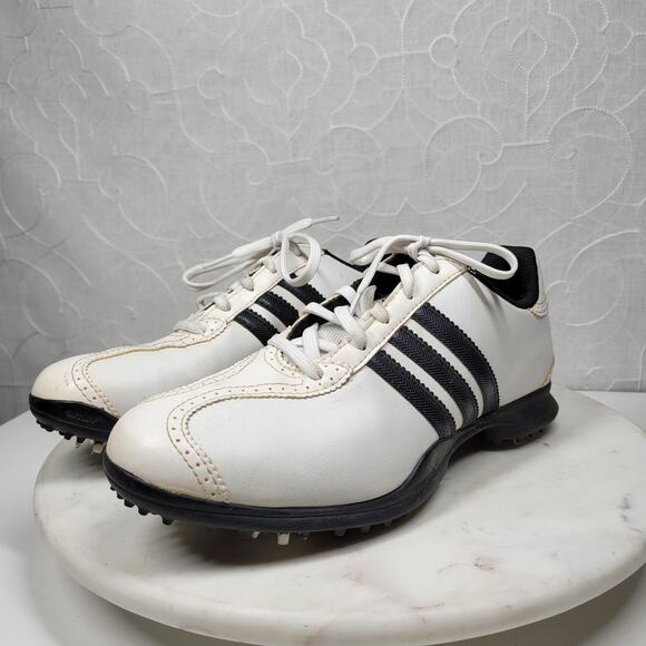 Adidas Traxion Spiked Golf Shoes Mens 8.5 White Black Leather Lace Up Oxford - Picture 2 of 16